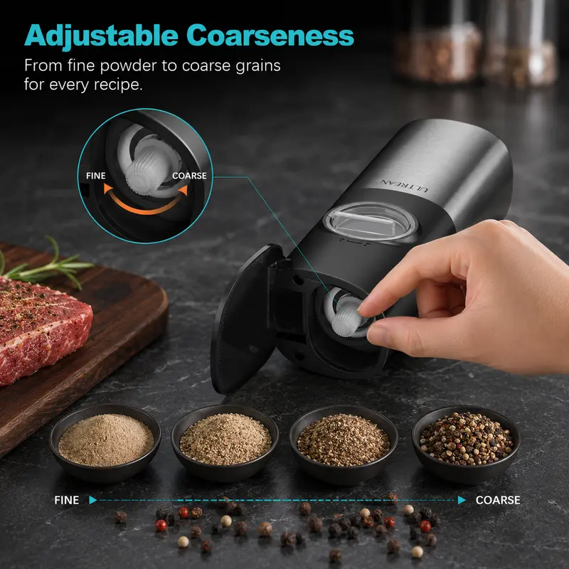 Rechargeable Electric Salt & Pepper Grinder Set with Adjustable Coarseness