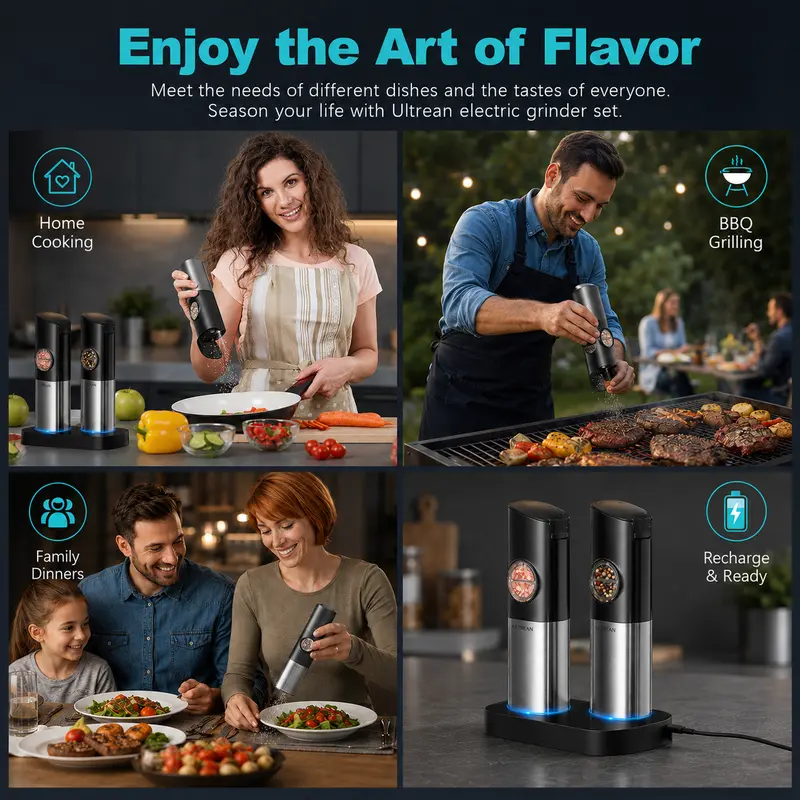 Rechargeable Electric Salt & Pepper Grinder Set with Adjustable Coarseness