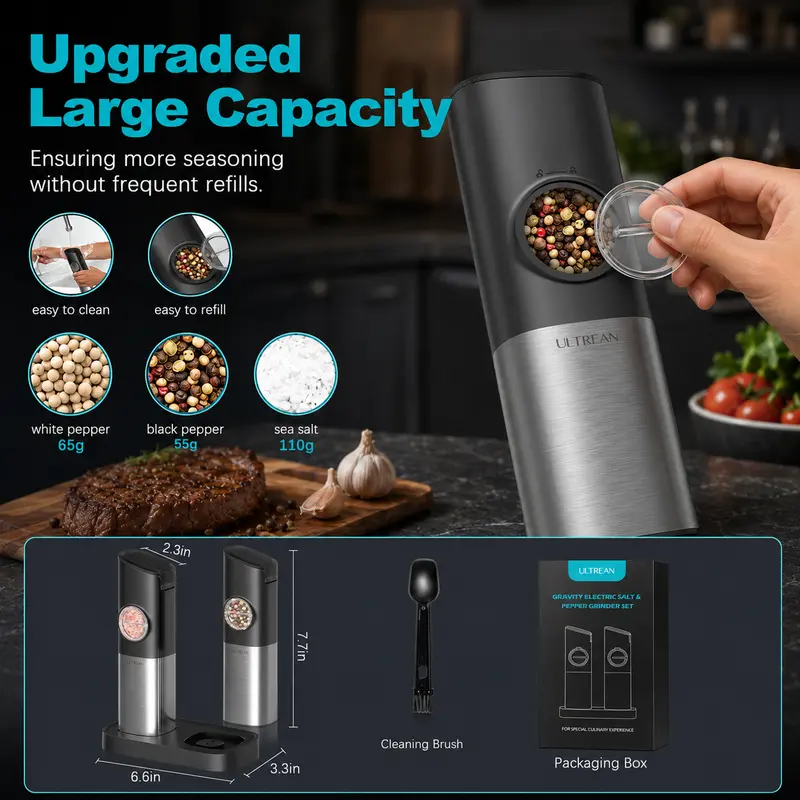 Rechargeable Electric Salt & Pepper Grinder Set with Adjustable Coarseness