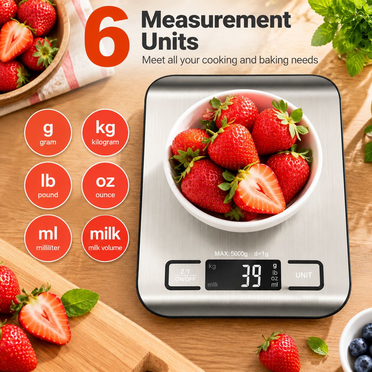 Digital Kitchen Food Scale with 6 Units & 1g Precision