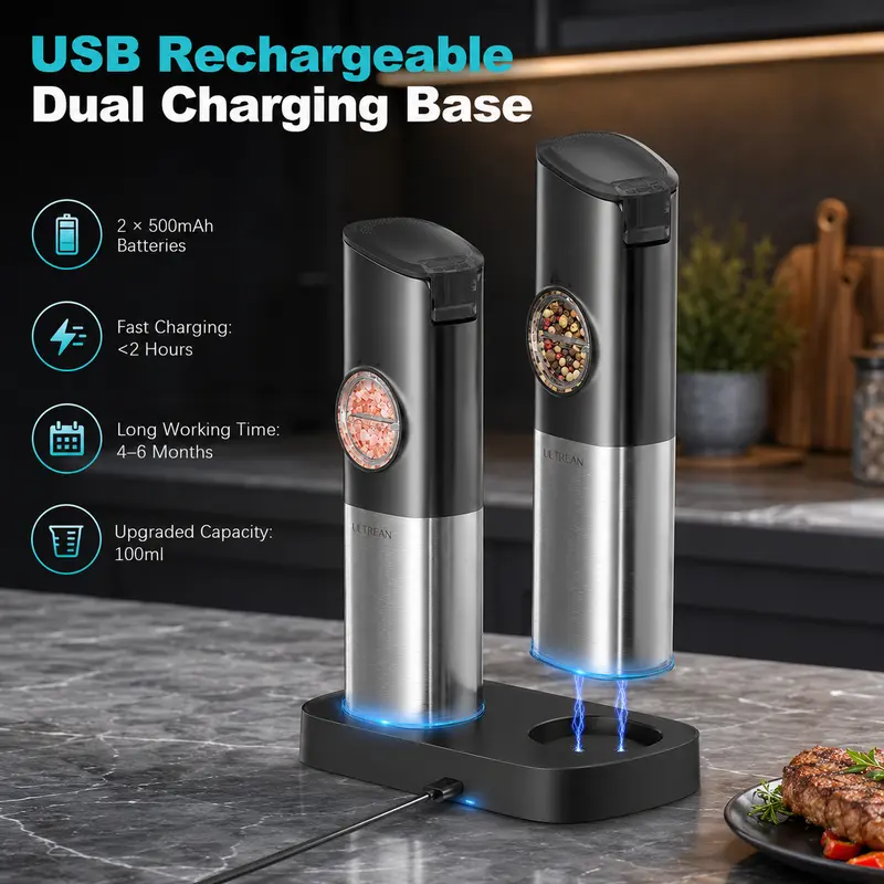 Rechargeable Electric Salt & Pepper Grinder Set with Adjustable Coarseness